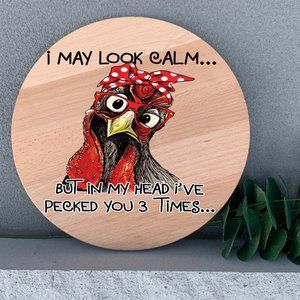 Farmhouse Chicken Funny 12" Round Thin Birch Handmade Spell Out